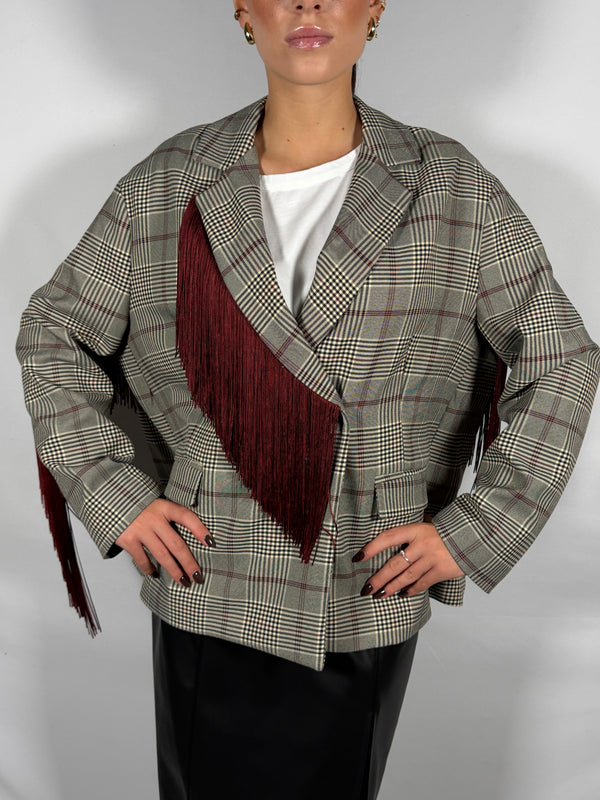 Giacca a quadri Grigio/ Bordo con Frange- Tensione In 27B6295