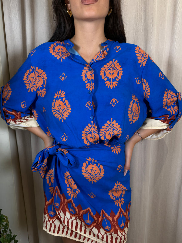 Camicia over fantasia bluette e arancio Art. CMA-Q431