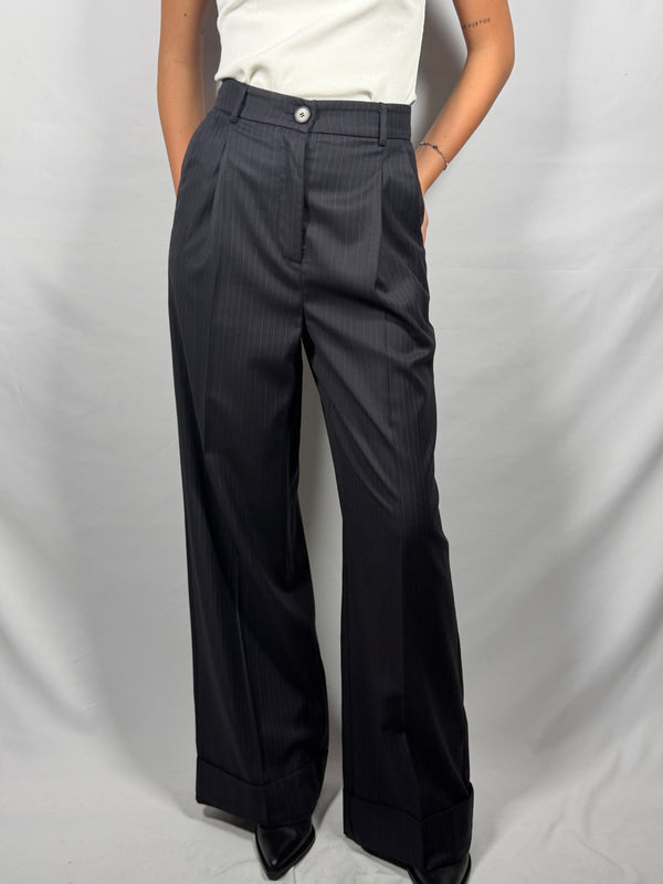 Pantalone palazzo con rovescia gessato blu - Vicolo