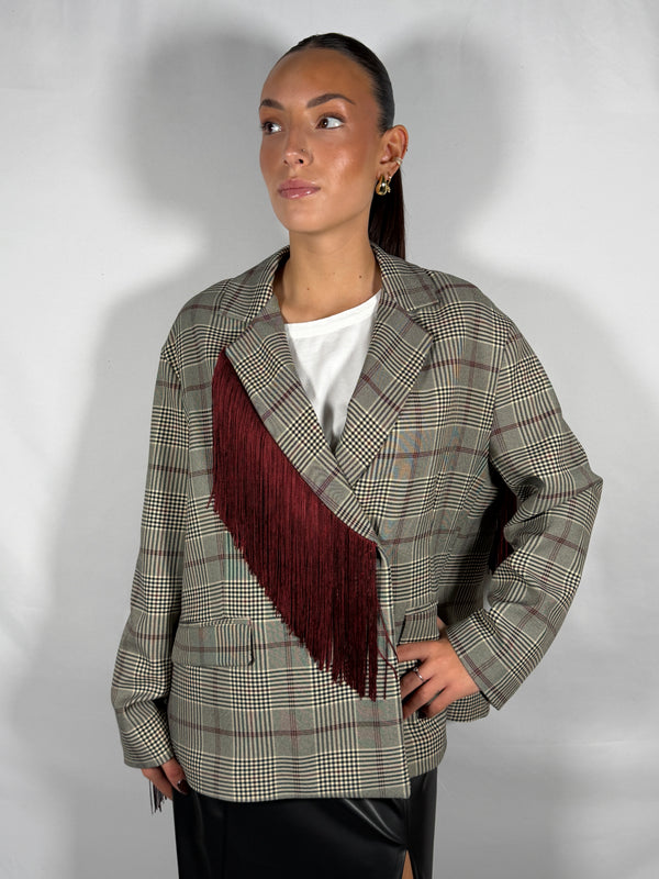 Giacca a quadri Grigio/ Bordo con Frange- Tensione In 27B6295