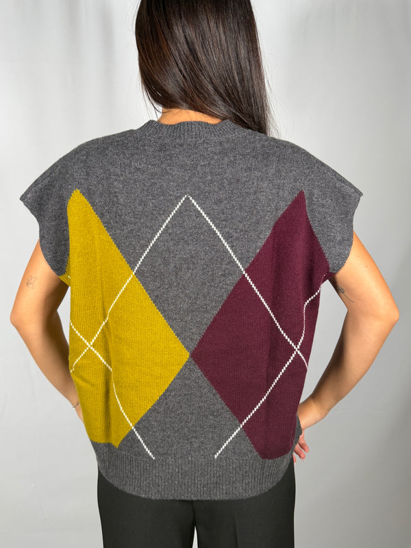 Gilet in maglia a Rombi Senape/Bordeaux/Grigio- Vicolo