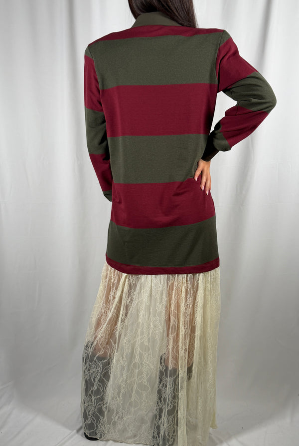 Abito con Maxi polo a righe e pizzo Bordeaux/militare - UAC0045 Vicolo