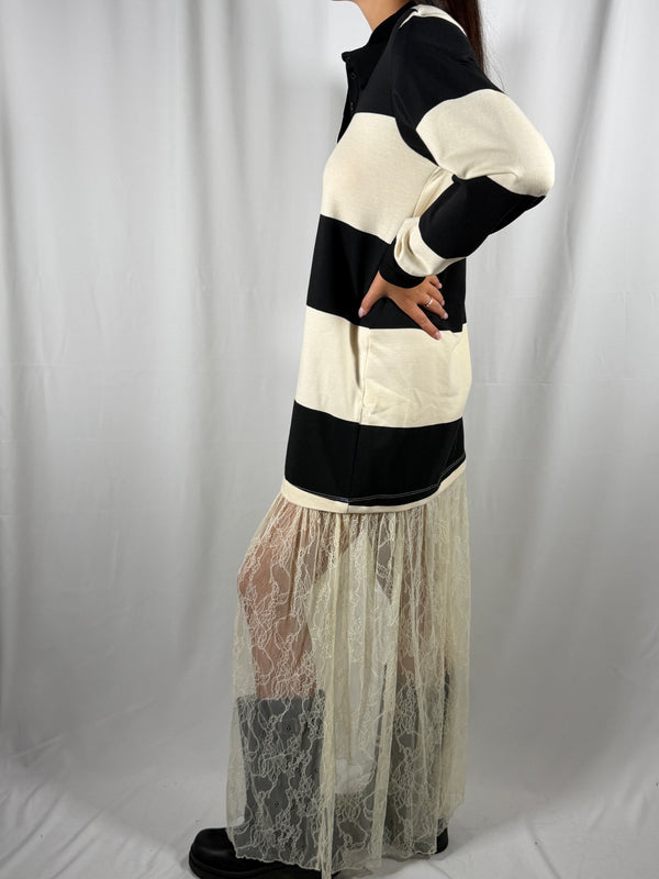 Abito con Maxi polo a righe e pizzo Nero/Panna- UAC0045 Vicolo