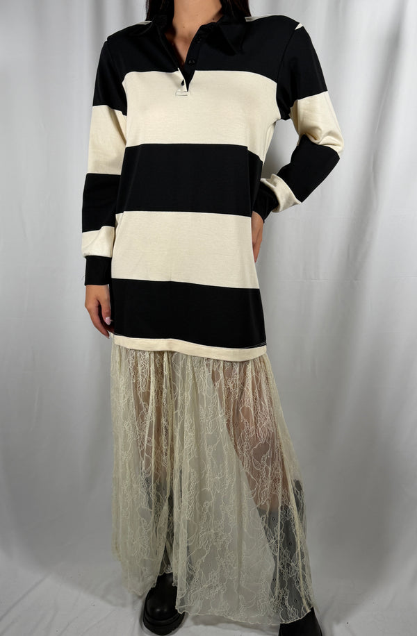 Abito con Maxi polo a righe e pizzo Nero/Panna- UAC0045 Vicolo