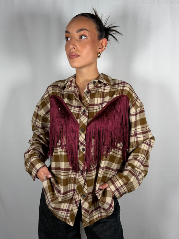 Camicia Check con frange Beige/Bordeaux- Tensione In