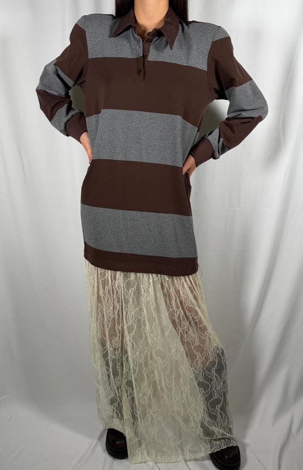 Abito con Maxi polo a righe e pizzo Caffè / Grigio- UAC0045 Vicolo